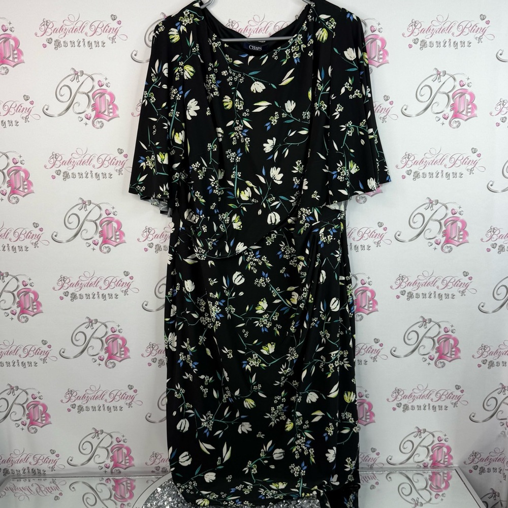 Chaps dress long maxi flowers white green yellow Black Dress with Floral Design